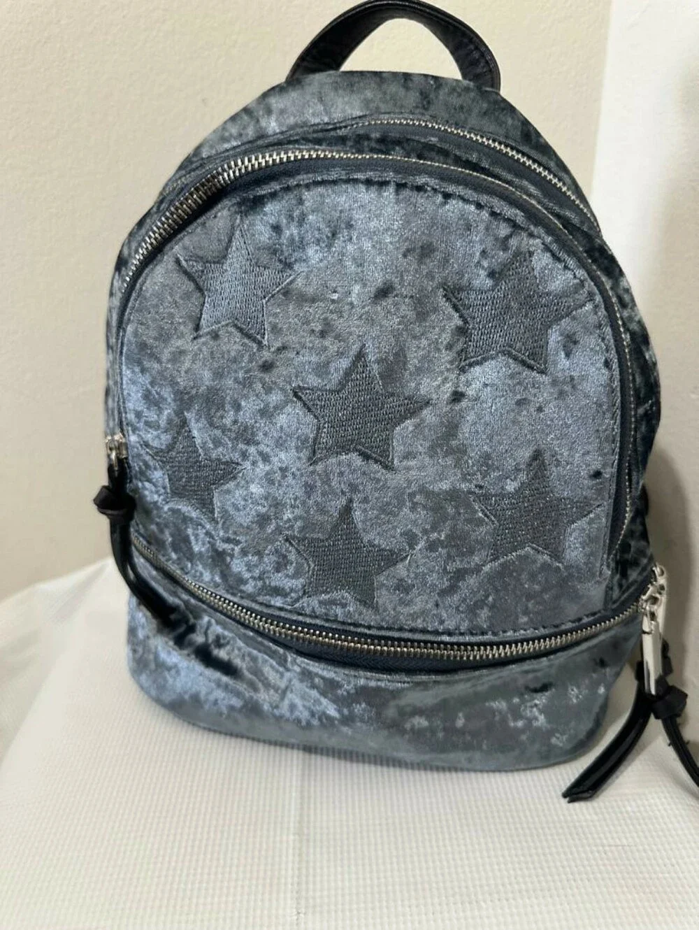 Fashionable Velvet Star Mini Backpack Grey Faux Leather Trim